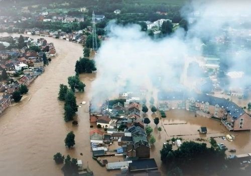 Vue aérienne des inondations qui ont touché la Belgique en juillet 2021. Un fonds d'urgence a été mis en place par CAP48